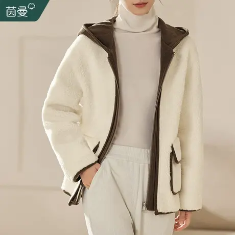 茵曼旗舰店羊羔绒连帽棉衣女2023冬季新款美拉德穿搭加绒上衣外套图片