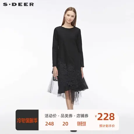 sdeer圣迪奥新款圆领复古绣花网纱拼接不规则长袖连衣裙S19481204图片