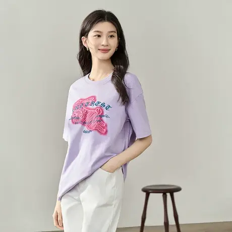 【商场同款】茵曼休闲T恤2023夏女装新款圆领印绣花短袖宽松上衣商品大图