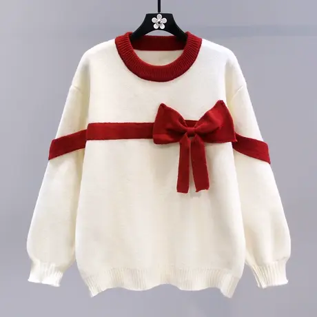 日系甜美红色蝴蝶结毛衣女秋冬2023新款宽松慵懒风软糯针织衫上衣商品大图
