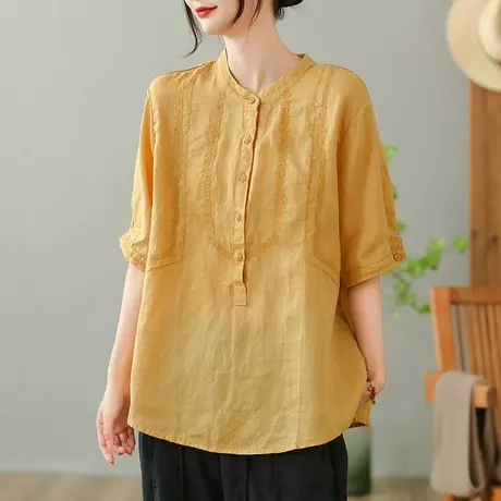 dza 纯色苎麻短袖衬衣女2023夏薄款立领套头衬衫宽松显瘦棉麻上衣图片