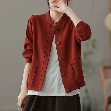 dza 复古纯色全棉运动开衫春秋短款外套女士休闲长袖口袋显瘦上衣图片