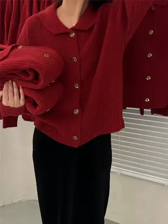 新年红！年会战袍！元宝翻领羊毛毛衣开衫女2022冬别致针织衫上衣商品大图