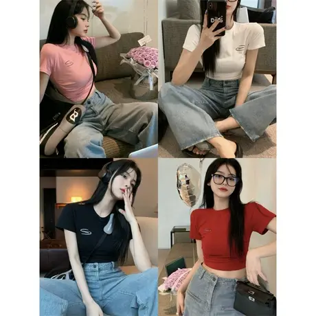 白色字母正肩短袖T恤女装2023夏季新款辣妹纯欲美式修身露脐上衣商品大图