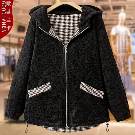 加肥加大码女装秋冬装新款羊羔绒外套中年50岁妈妈两面穿格子棉衣商品大图