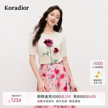 【商场同款】珂莱蒂尔2025春新款印花短袖上衣女休闲冰丝针织衫商品大图