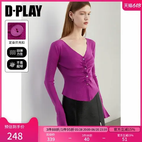 DPLAY秋季气质通勤玫红色V领修身短款针织开衫女打底衫上衣商品大图
