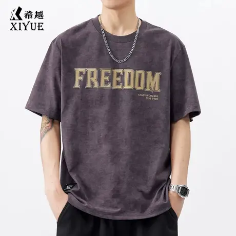 云染洗褪潮牌体恤衫男士夏季新款宽松大码美式印花圆领短袖t恤男商品大图