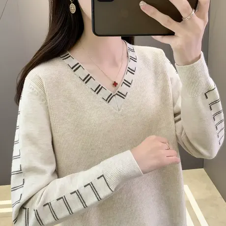 侧边拼色提花针织打底衫女士秋装2023新款内搭薄款鸡心领洋气上衣图片