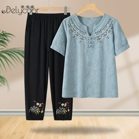 妈妈夏装2023新款棉麻套装时尚休闲中老年女装奶奶装老人短袖上衣商品大图