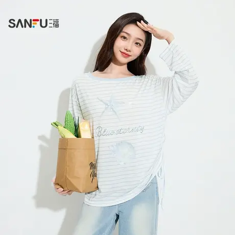 三福女夏季海星图案罩衫单衣 甜酷大领口宽松长袖上衣女503804商品大图