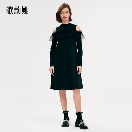 歌莉娅公主裙秋冬季新款洋气荷叶边露肩黑色长袖连衣裙1ACR4H080图片