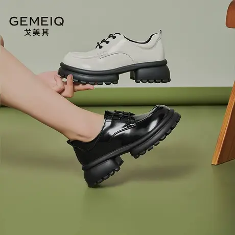 戈美其小皮鞋女2025新款秋季真皮宽头乐福鞋系带松糕厚底英伦单鞋图片