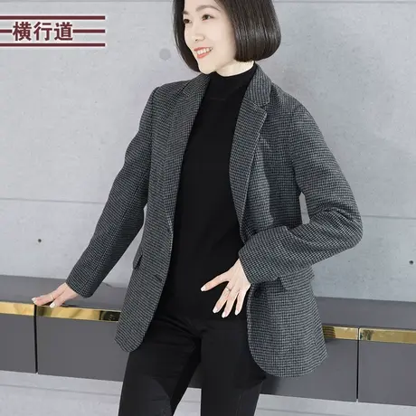 千鸟格宽松长袖西装韩版气质大码妈妈女上衣显瘦2023新款冬装外套商品大图