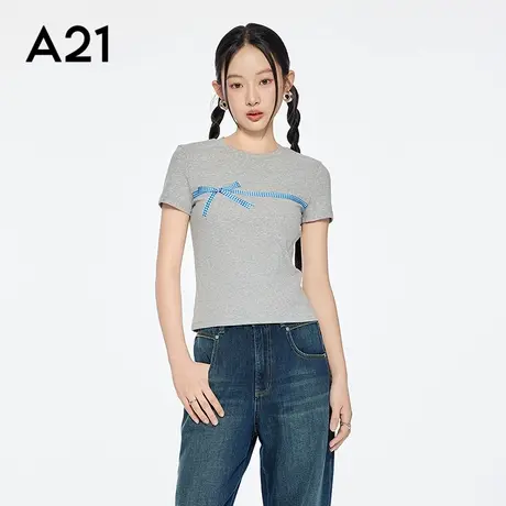 A21女装格子蝴蝶结印花圆领T恤2025夏新款简约修身上衣F452231044图片