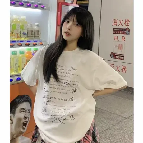 美式慵懒风奶杏色字母短袖t恤女纯棉夏日宽松显瘦半袖情侣上衣潮商品大图