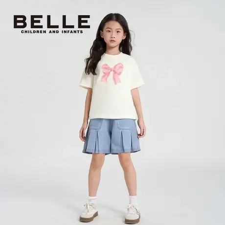 Belle Belle女童短袖衬衣新款夏季儿童休闲舒适蝴蝶结中大童T恤潮图片