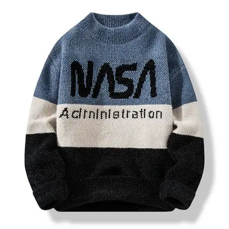 男士冬季半高领针织衫提花字母加厚毛衣男保暖套头打底衫撞色线衣商品大图