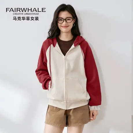 马克华菲拼接撞色秋季卫衣外套女2025新款宽松休闲连帽开衫上衣潮商品大图