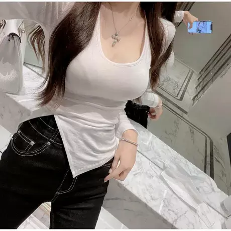 现货~东大门圆领开叉紧身女人味显身材高弹长袖打底体恤~多色商品大图