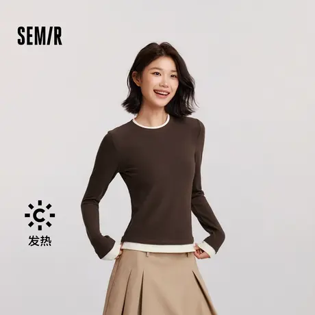 森马长袖T恤女假两件紧身磨毛圆领2024冬季新款吸湿发热撞色衣服商品大图