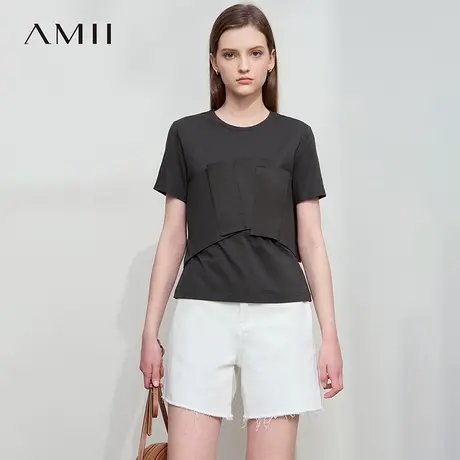 Amii2025夏新款休闲圆领解构撞料拼接短袖T恤女莫代尔棉弹力上衣商品大图