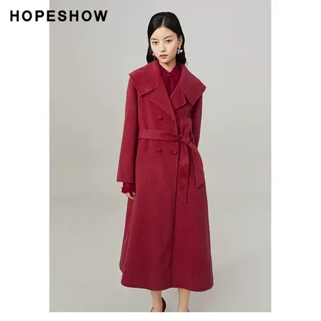 红袖outlets双排扣长款大衣hopeshow2022冬季款翻领系带红色外套商品大图