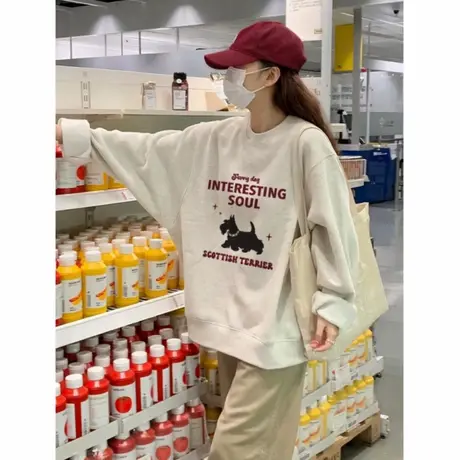 圆领卫衣女2025新款爆款早秋季白灰色宽松秋冬季加绒加厚无帽上衣商品大图