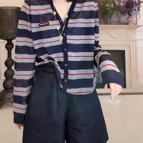 设计感撞色条纹竹节麻薄款长袖T恤女2025秋季百搭休闲显瘦开衫ins商品大图