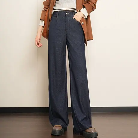 深蓝色阔腿拖地牛仔裤女2025新款秋季宽松高腰直筒裤显瘦休闲裤子商品大图