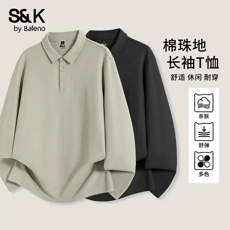 班尼路S&K系列棉珠地长袖T恤男秋季日系慵懒风POLO衫休闲翻领上衣图片