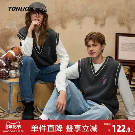 唐狮2026秋冬情侣款毛衣背心美式学院风设计感绣花撞色毛线衫商品大图