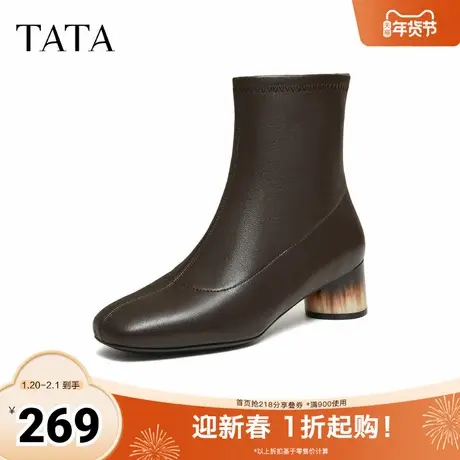 TATA他她靴子2025冬款女鞋百搭尖头时装靴黑色粗跟短靴7AC58DD5图片
