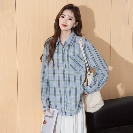 唐狮新款长袖衬衫女蓝色格子撞色翻领气质百搭休闲上衣blTM商品大图
