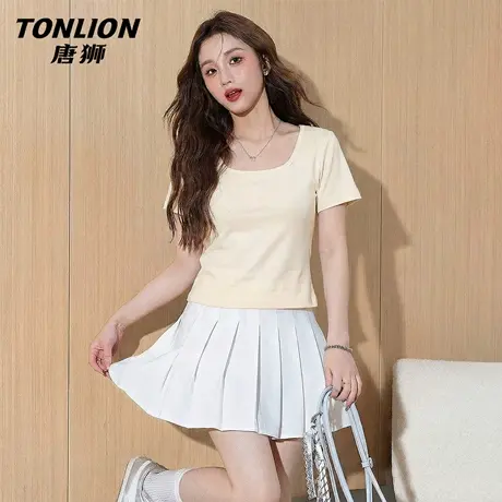 唐狮官方杏色正肩短袖t恤女2026新款夏季女士修身显瘦方领上衣VB图片