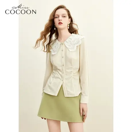 missCOCOON宽松中长款上衣2023冬季新女时尚撞色花边领褶皱衬衫商品大图