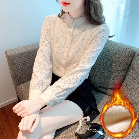 秋冬女士蕾丝打底衫2023加绒加厚保暖内搭洋气甜美高级感长袖小衫商品大图
