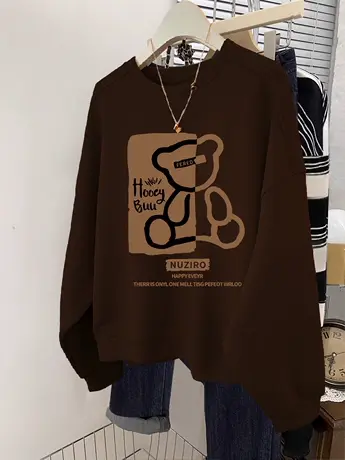 棕色咖啡色圆领卫衣女秋冬2023新款大码长袖ins潮牌加绒显瘦上衣商品大图