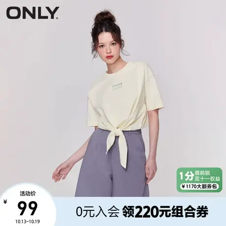 ONLY奥莱2023春夏新款时尚圆领落肩字母印花绑带短袖T恤女商品大图