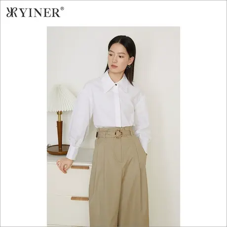 YINER音儿商场同款女装2021秋季新款简约灯笼袖POLO领衬衫商品大图
