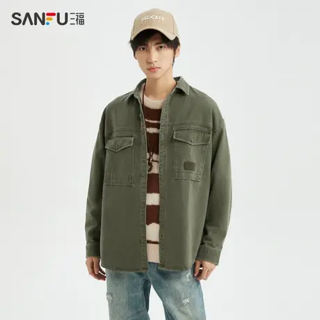 三福2023冬男士复古洗水工装长衬衫 宽松翻领纯棉上衣男477218商品大图