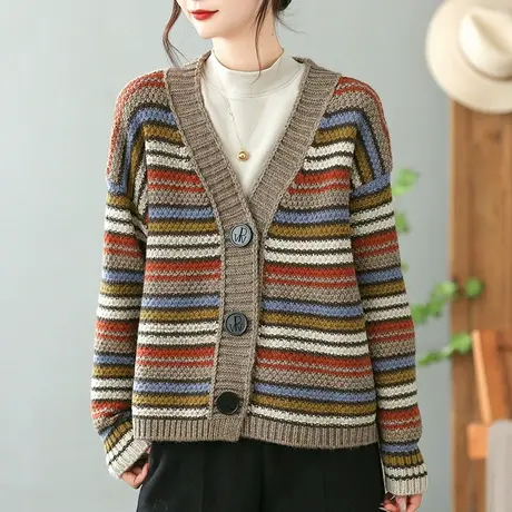dza复古宽松V领加厚毛衣外套女秋冬外穿长袖上衣休闲条纹针织开衫商品大图