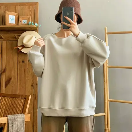 dza 复古纯色全棉加绒加厚卫衣女士2023秋冬内搭宽松显瘦纯棉上衣图片