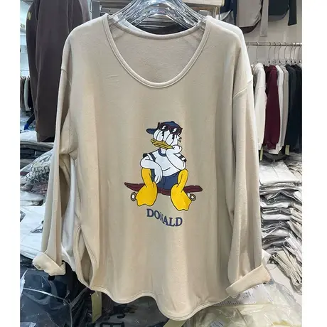 欧货潮款U领双面德绒磨毛中长款卡通漫画T恤长袖宽松显瘦冬打底衫图片