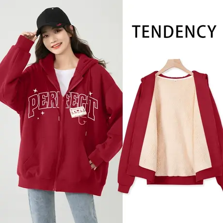 ZR真维斯连帽卫衣女2022新款冬季本命年加绒加厚开衫拉链红色外套图片