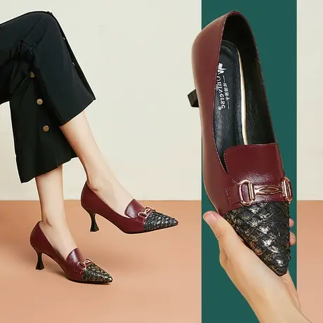 里外真皮细跟尖头浅口舒适皮鞋7CM跟高黑色不累脚高跟鞋女鞋图片