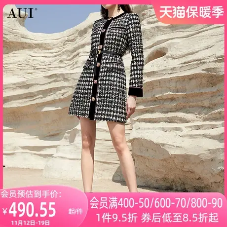 AUI格子高端小香风中长款外套女2023冬新款名媛气质修身显瘦大衣商品大图