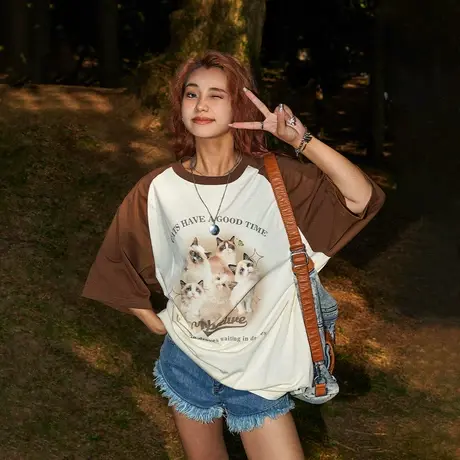 YEP复古插肩袖短袖t恤女2023新款夏季宽松大版半袖情侣装百搭上衣商品大图