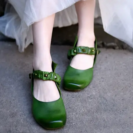 Artmu阿木原创复古小众浅口单鞋女平底铆钉一字扣小皮鞋2023新款商品大图