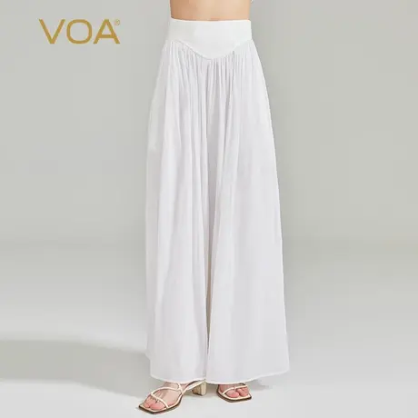 VOA茶白色双层轻盈弹力乔其桑蚕丝拼接提花织锦自然腰真丝裙裤商品大图